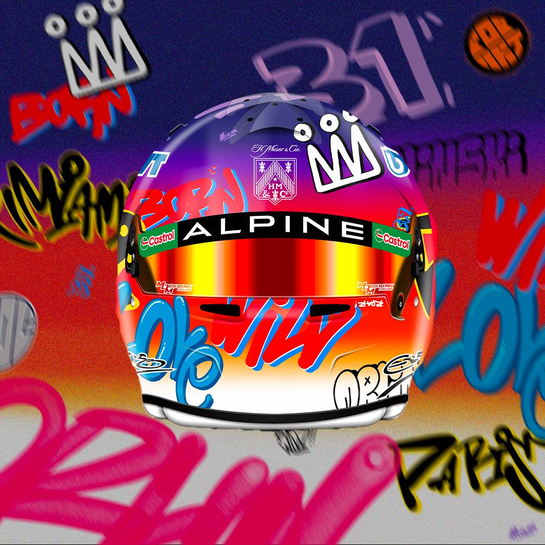 Mini-casque Esteban Ocon X Richard Orlinski édition spéciale GP de Miami 2024 à l'échelle 1:2 